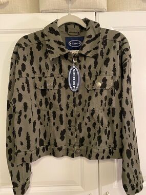 Scoop Olive Green Leopard Print Jean Jacket